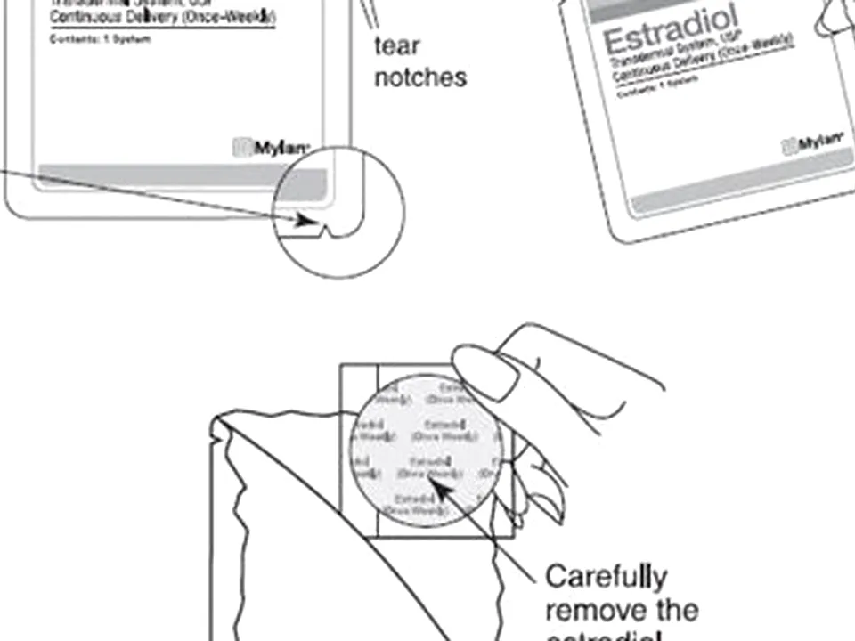 An estradiol transdermal patch applied to the lower abdomen of a middle-aged woman
